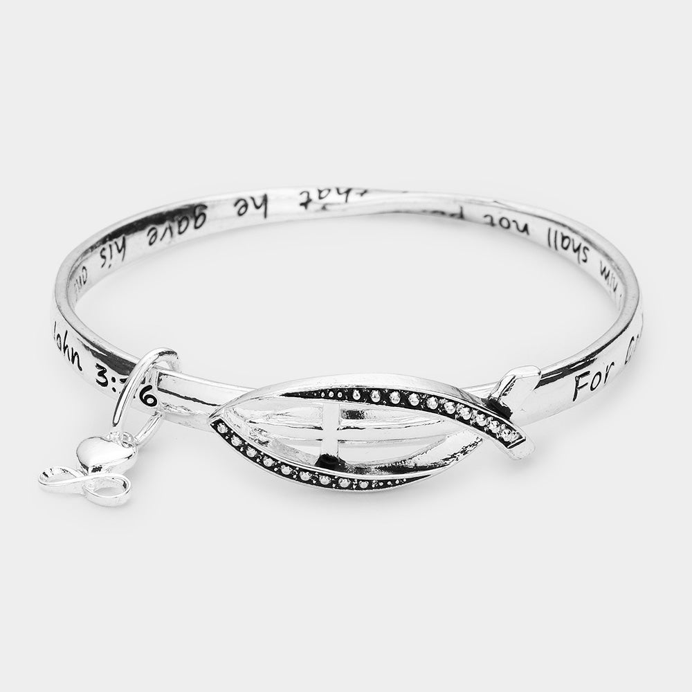 iLLASPARKZ John 3:16 Metal Ichthys Cross Accented Heart Charm Message Bangle Bracelet