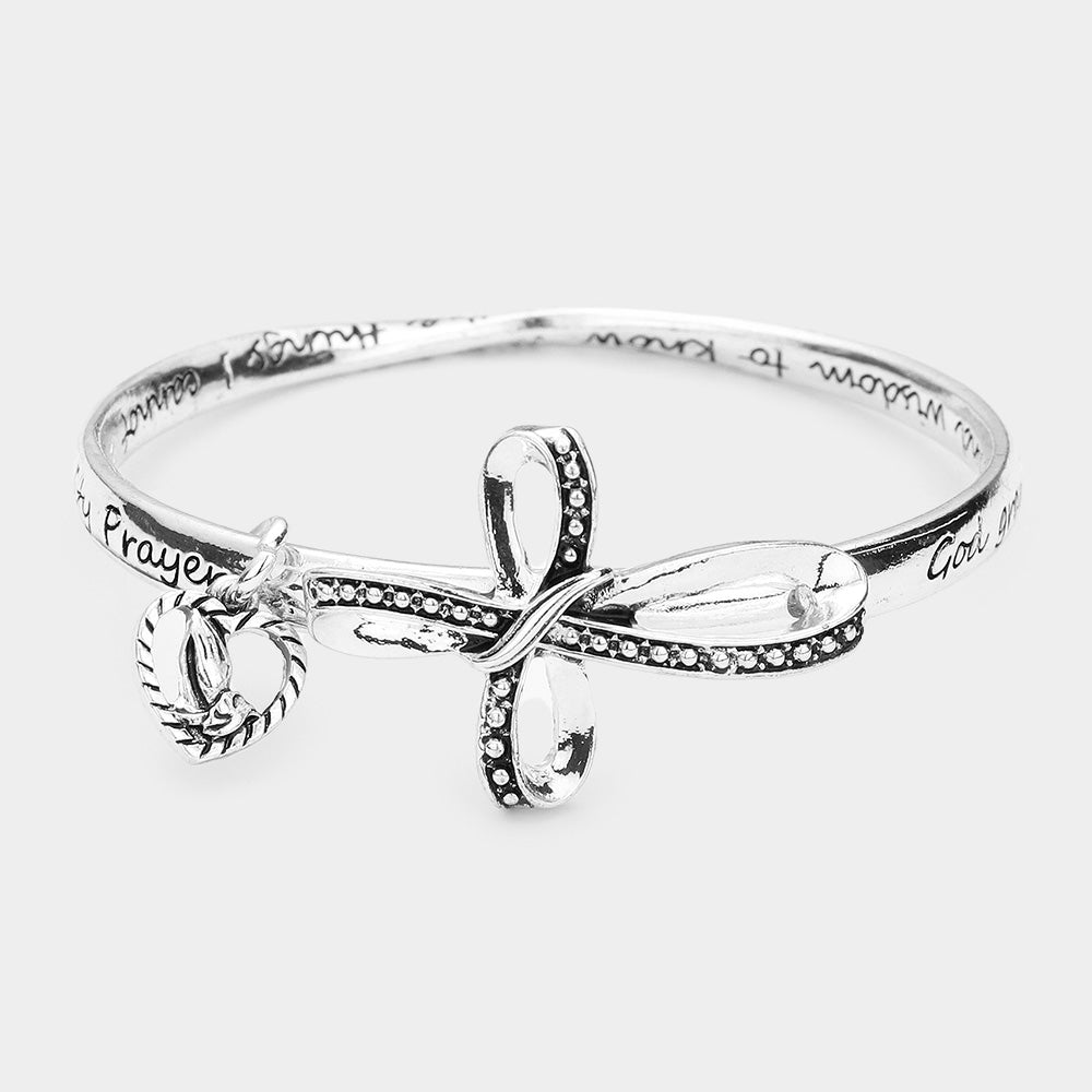 iLLASPARKZ Serenity Prayer Metal Cross Accented Praying Hands Heart Charm Message Bangle Bracelet