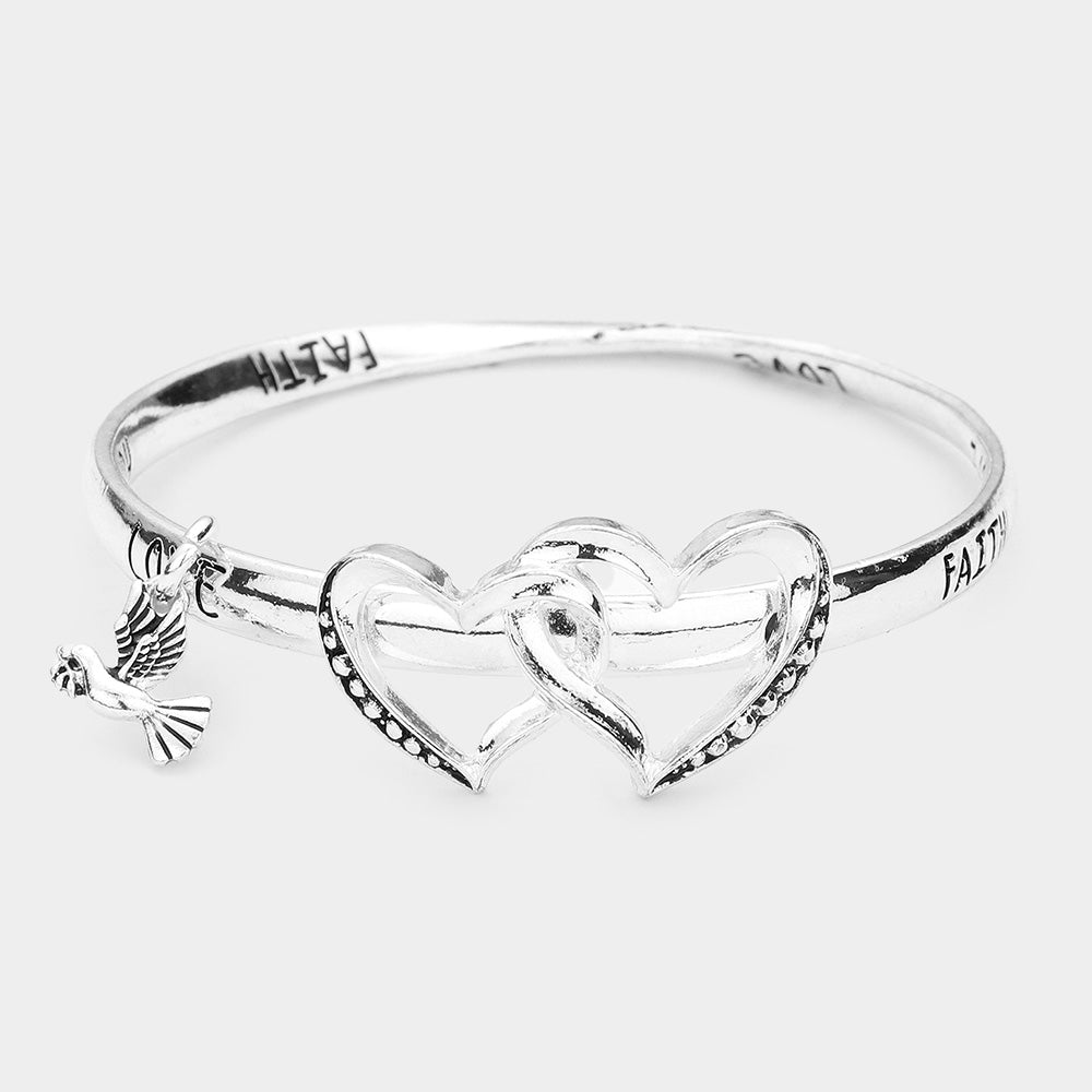 iLLASPARKZ Faith Hope Love Metal Double Open Heart Accented Bird Charm Message Bangle Bracelet