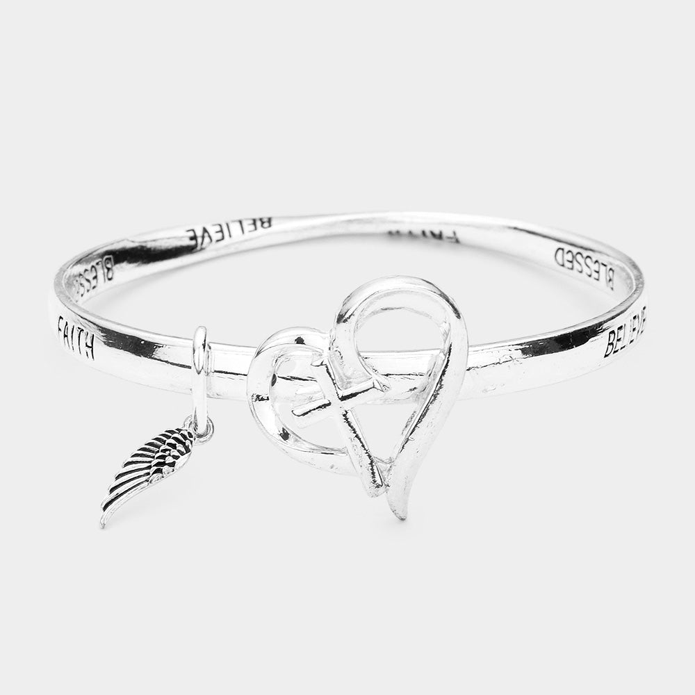 iLLASPARKZ Believe Blessed Faith Metal Open Heart Cross Accented Wing Charm Message Bangle Bracelet