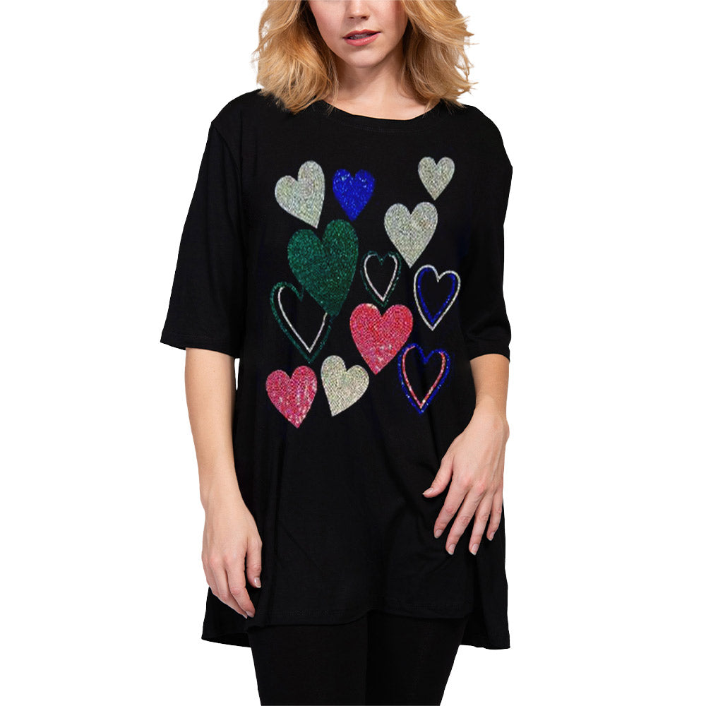 iLLASPARKZ Bling Studded Hearts Printed Half Sleeve Top