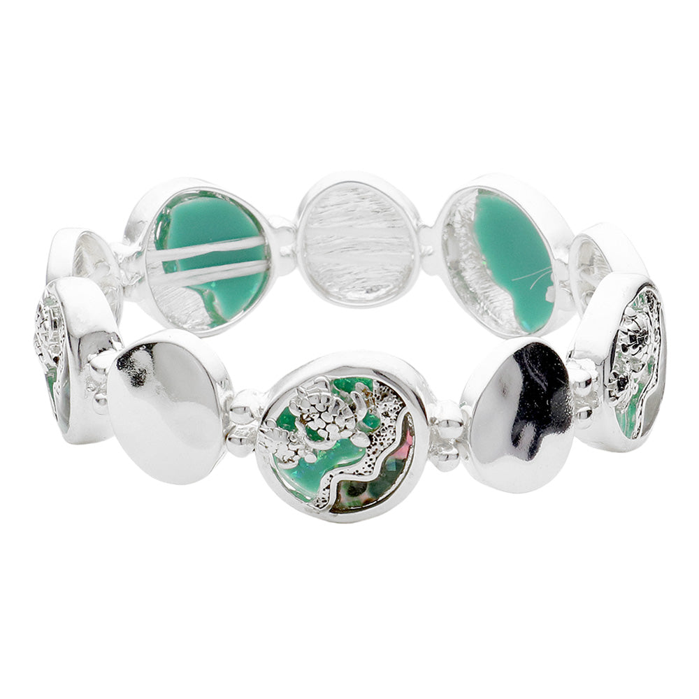 iLLASPARKZ Sea Turtle Embossed Metal Disc Link Stretch Bracelet