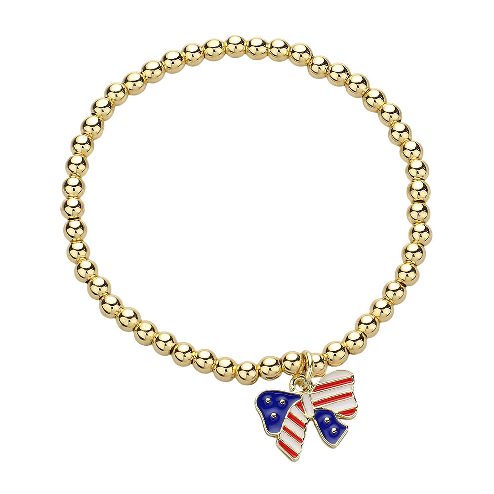 iLLASPARKZ Stainless Steel Enamel American USA Flag Bow Charm Pointed Stretch Bracelet