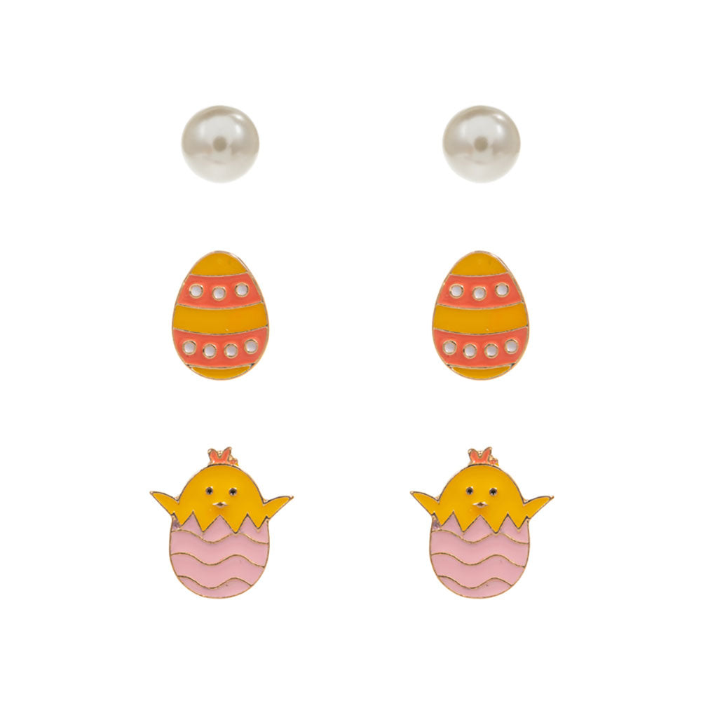 iLLASPARKZ 3PAIRS - Easter Chick Egg Pearl Stud Earrings Set