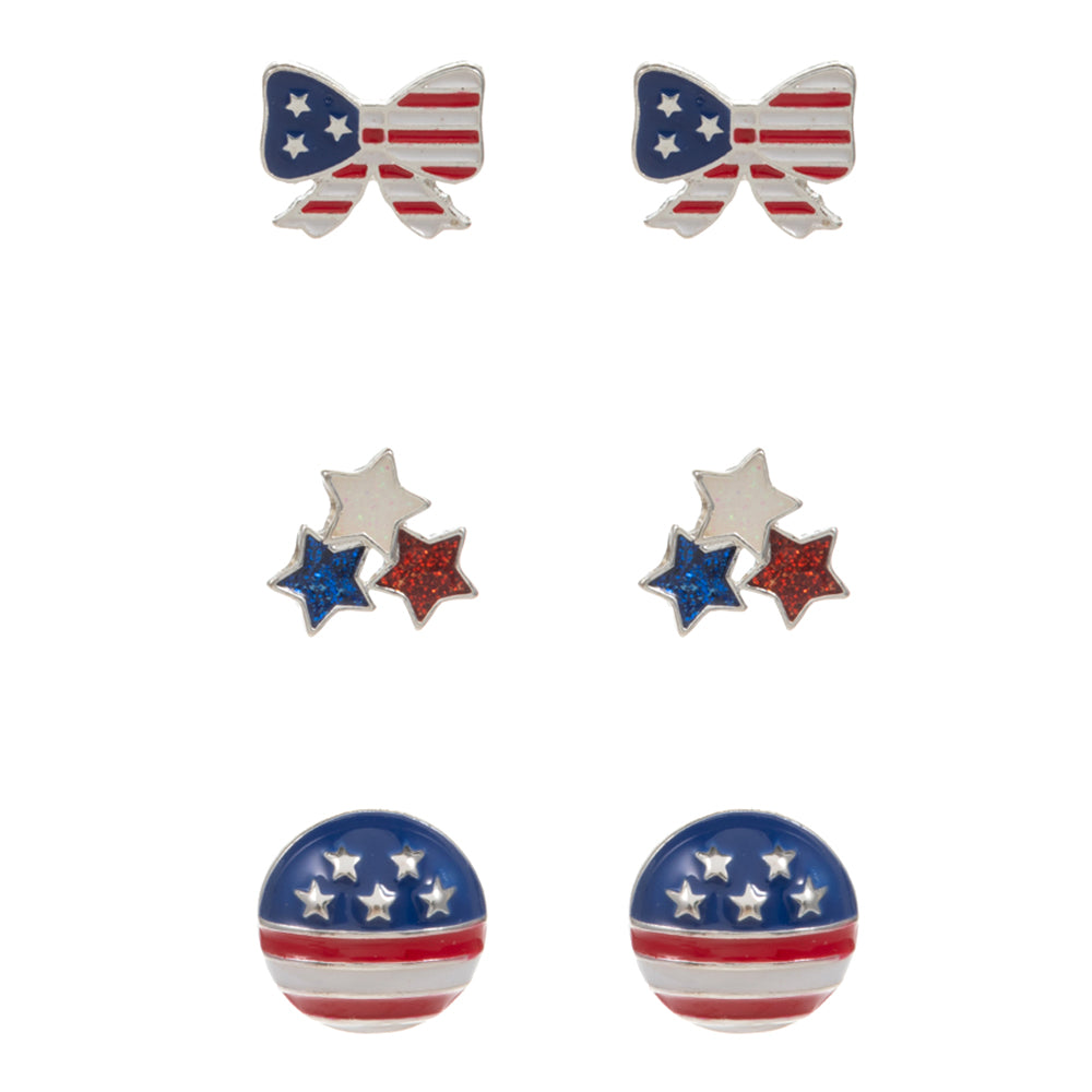 iLLASPARKZ 3Pairs - Enamel American USA Flag Triple Star Bow Disc Stud Earrings Set