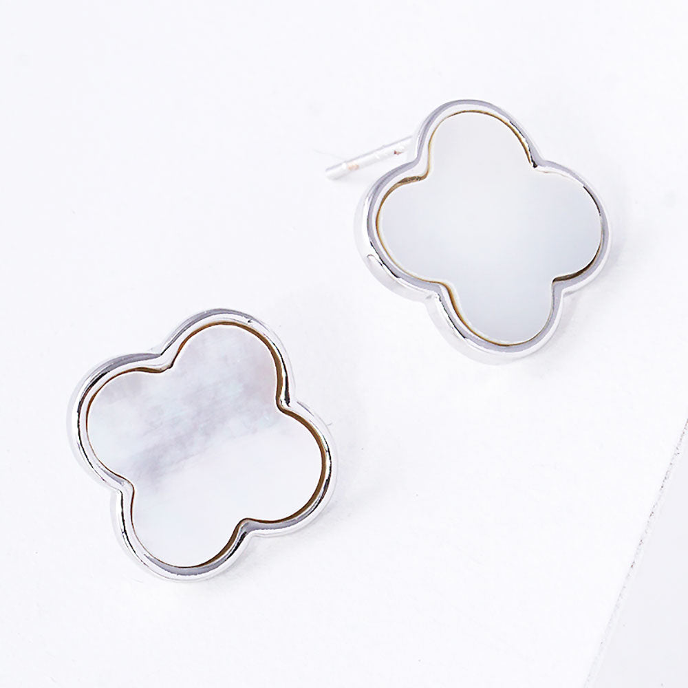 iLLASPARKZ White Gold Dipped Metal Trim Mother of Pearl Quatrefoil Stud Earrings