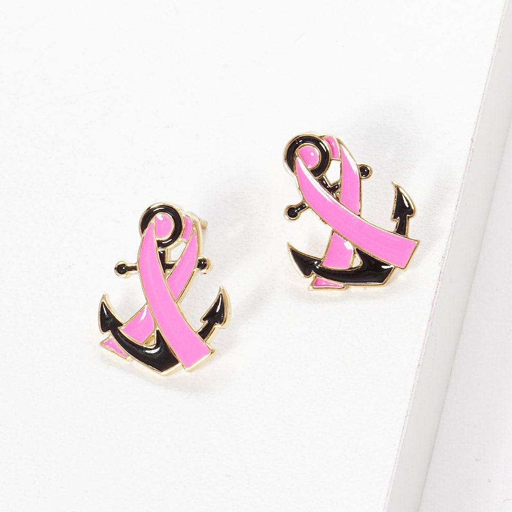 iLLASPARKZ Gold Dipped Enamel Anchor Pink Ribbon Stud Earrings