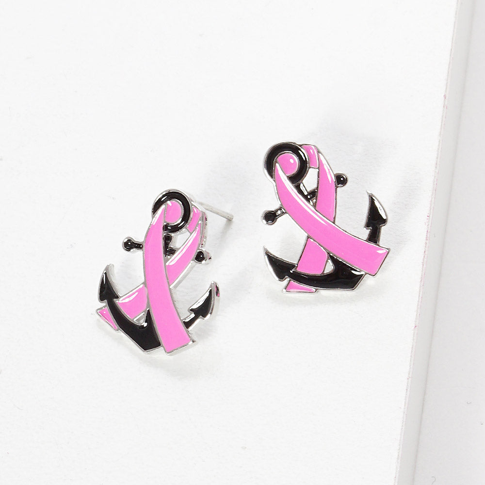 iLLASPARKZ White Gold Dipped Enamel Anchor Pink Ribbon Stud Earrings