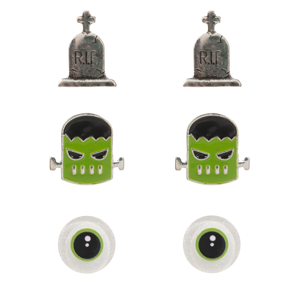 iLLASPARKZ 3Pairs - Enamel Halloween Frankenstein Monster Eye Tomb Stud Earring Set