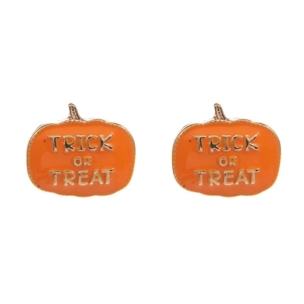 iLLASPARKZ TRICK OR TREAT Message Enamel Halloween Pumpkin Stud Earrings