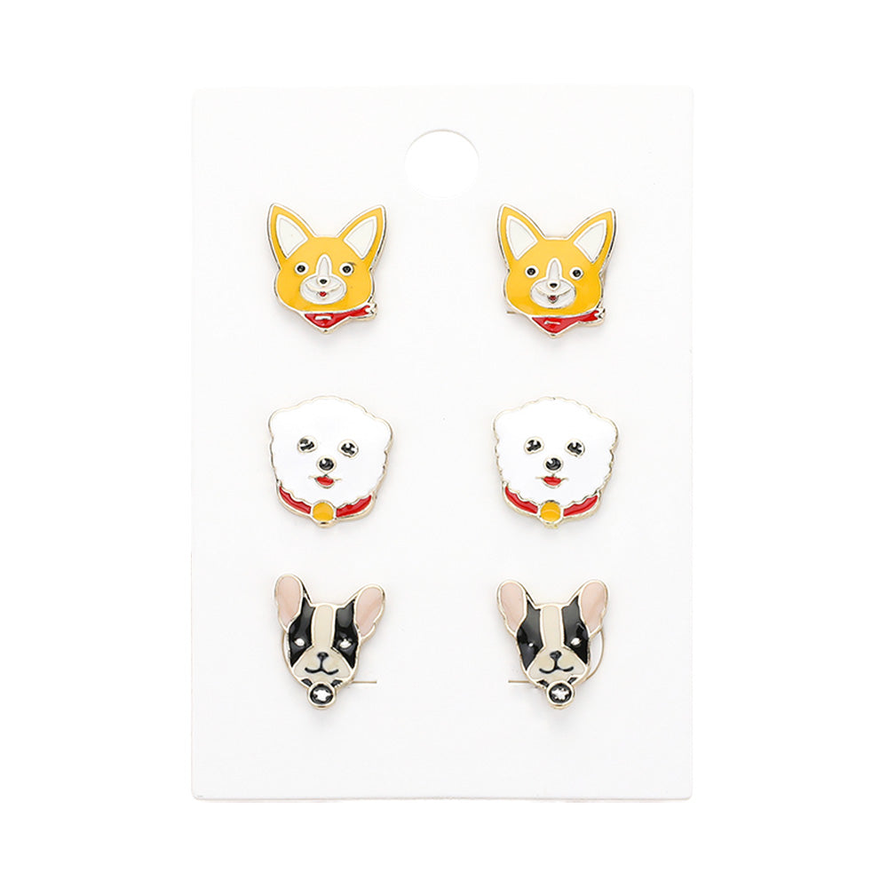 iLLASPARKZ 3Pairs - Enamel Dog Face Stud Earring Set