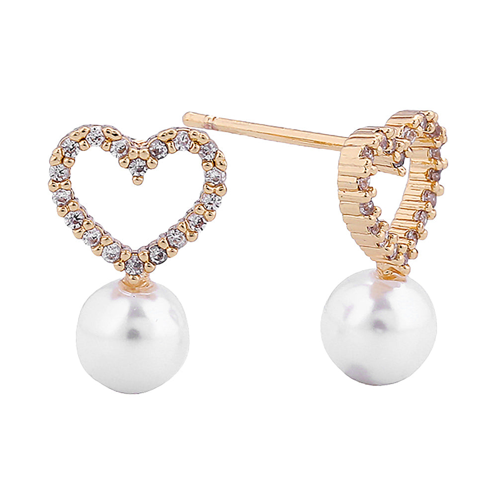 iLLASPARKZ 14K Gold Dipped CZ Stone Paved Open Heart Pearl Hypoallergenic Stud Earrings