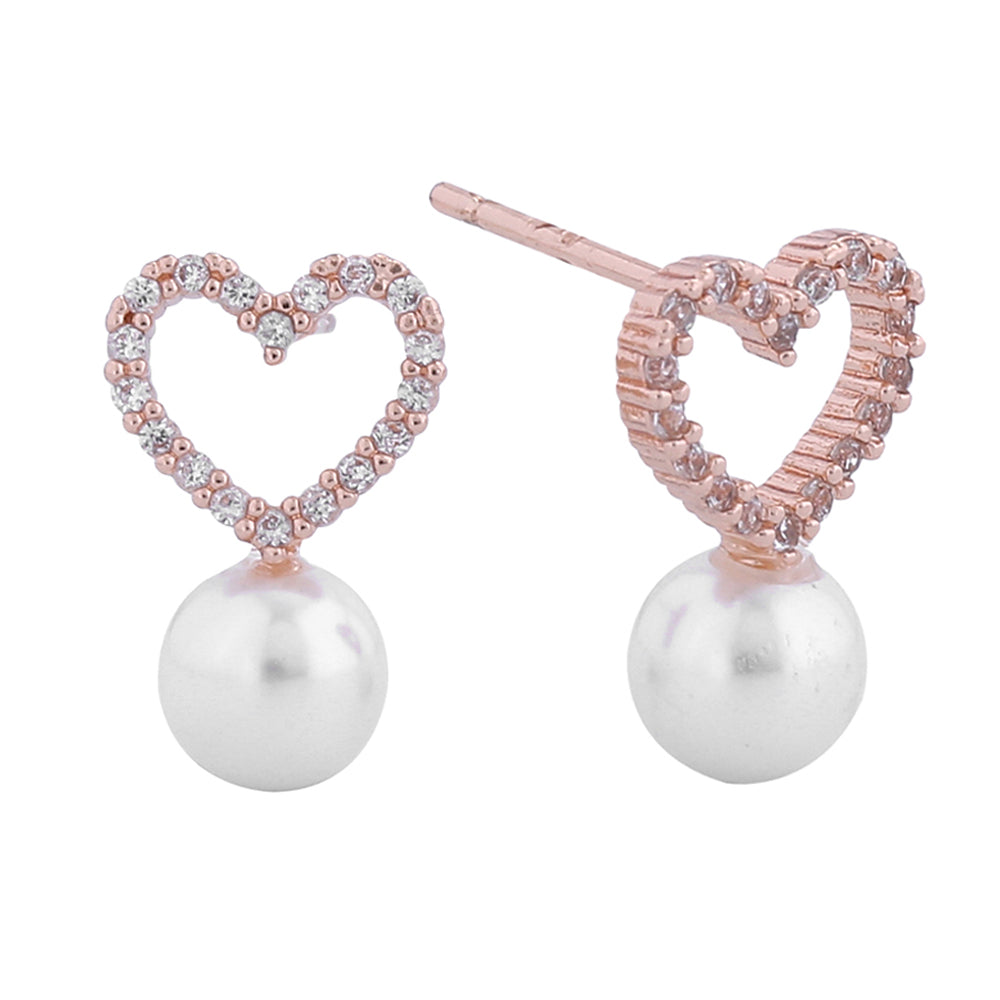 iLLASPARKZ 14K Rose Gold Dipped CZ Stone Paved Open Heart Pearl Hypoallergenic Stud Earrings