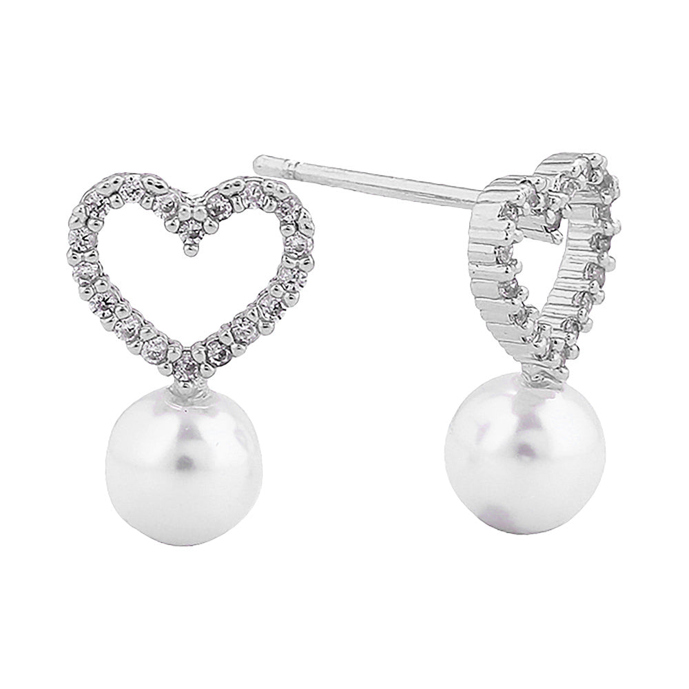 iLLASPARKZ 14K White Gold Dipped CZ Stone Paved Open Heart Pearl Hypoallergenic Stud Earrings