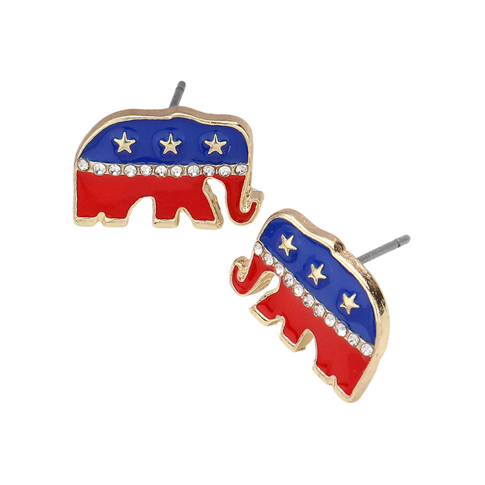 iLLASPARKZ Stone Paved Enamel American USA Republican Elephant Stud Earrings