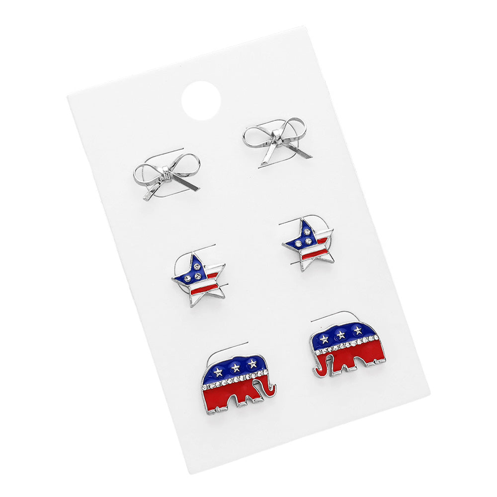 iLLASPARKZ 3Pairs - Bow American USA Star Republican Elephant Stud Earring Set