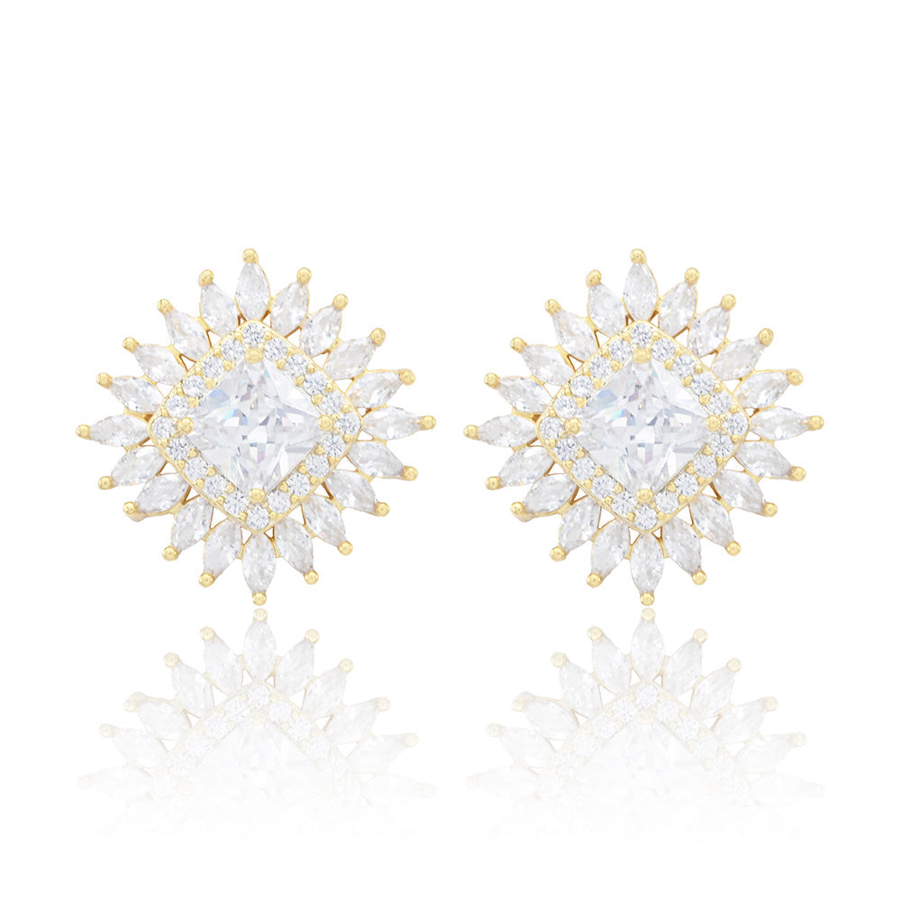 iLLASPARKZ Gold Dipped Round Marquise CZ Stone Embellished Stud Earrings