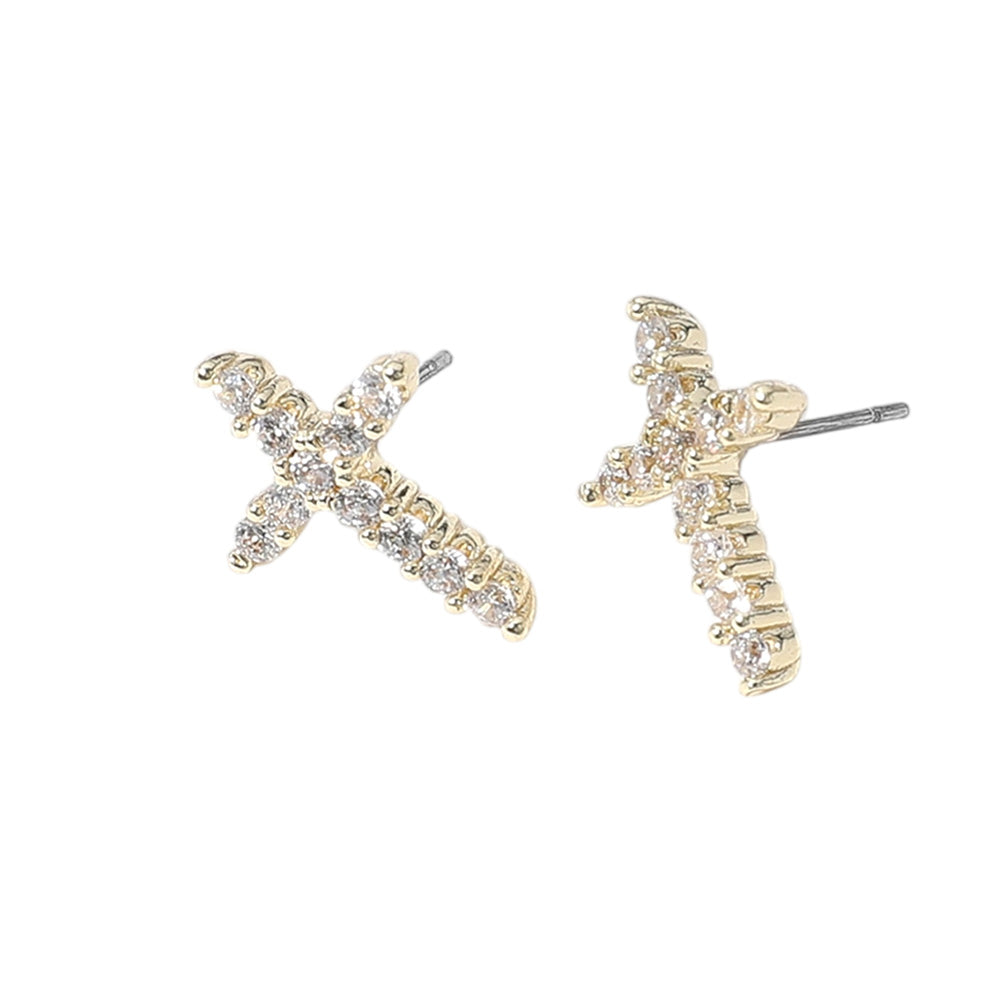 iLLASPARKZ 14K Gold Plated CZ Stone Paved Cross Stud Earrings