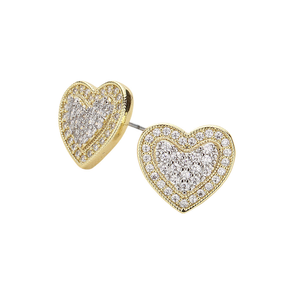 iLLASPARKZ 14K Gold Plated CZ Stone Paved Heart Stud Earrings