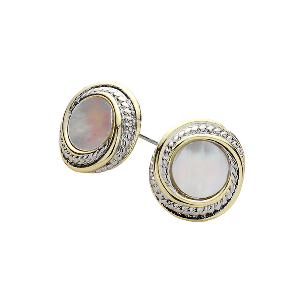 iLLASPARKZ 14K Gold Plated Two Tone Rim Round Mother Of Pearl Stud Earrings