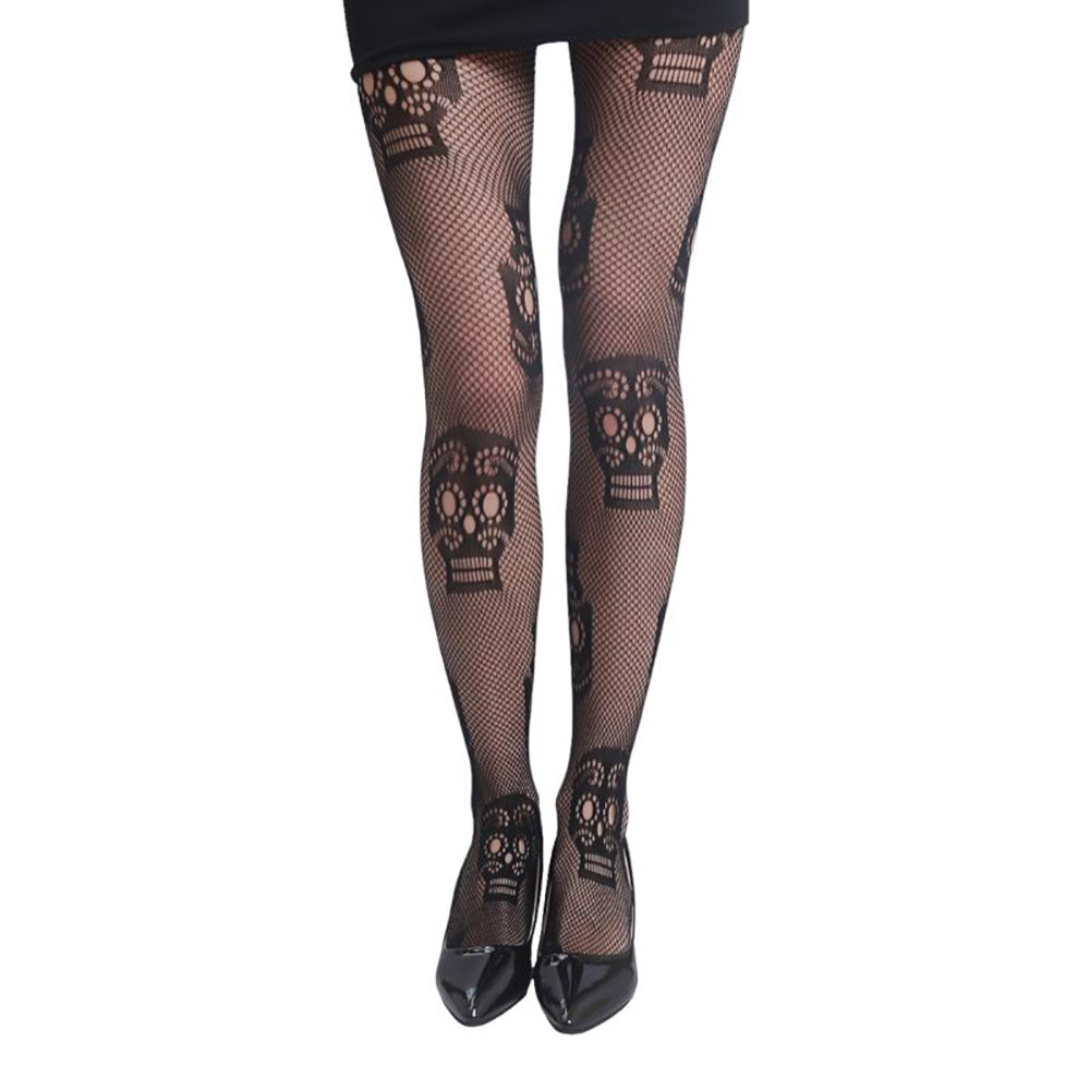 iLLASPARKZ Day of The Dead Skull Halloween Costume Fishnet Tights