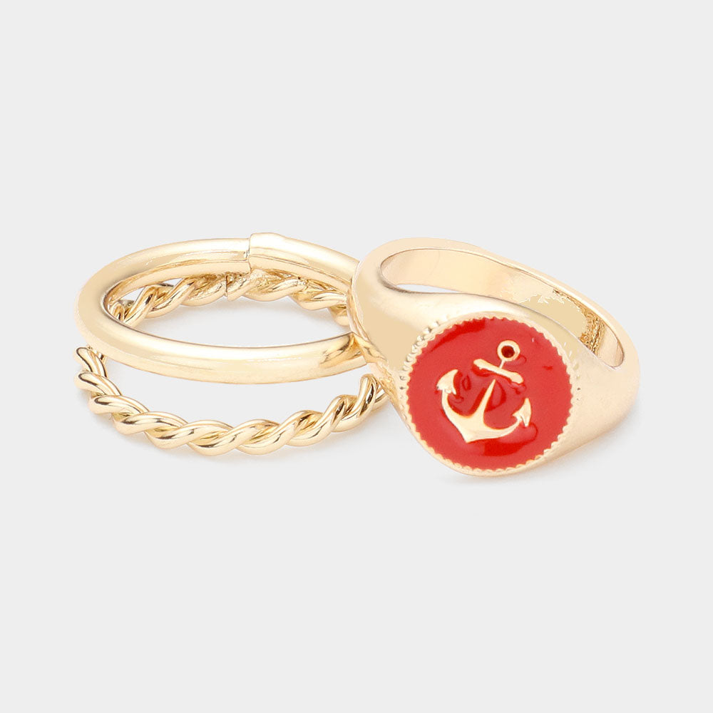 iLLASPARKZ 2PCS - Anchor Accented Enamel Round Split Metal Mixed Ring Set