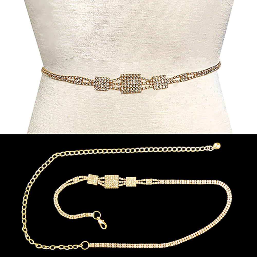 iLLASPARKZ Rhinestone Paved Triple Square Accented Chain Belt