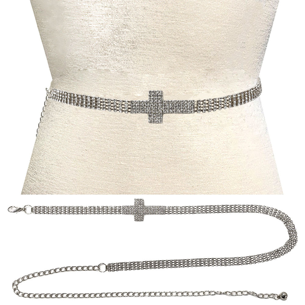 iLLASPARKZ Rhinestone Paved Cross Pointed Chain Waist Belt