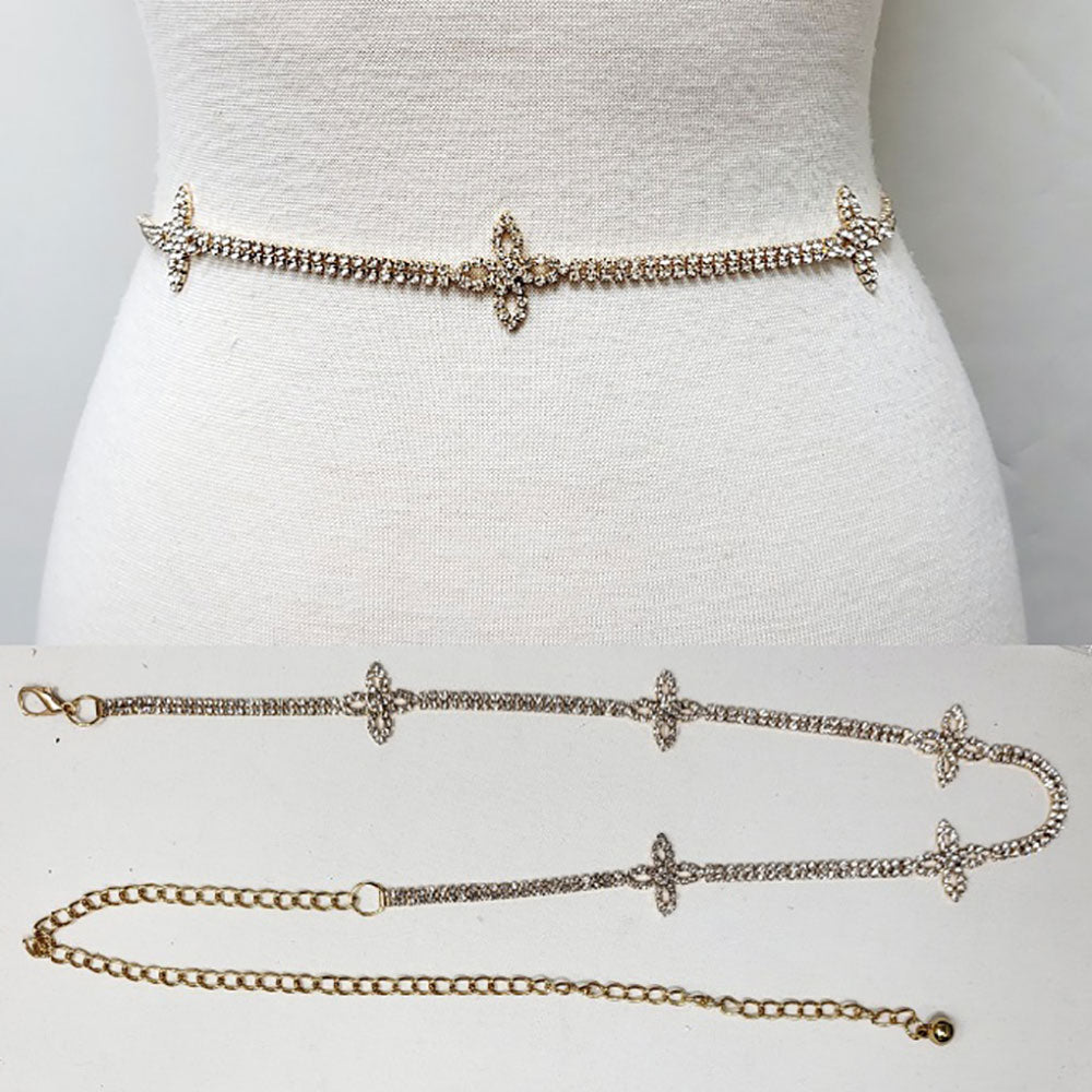 iLLASPARKZ Stone Paved Quatrefoil Link Pointed Rhinestone Chain Waist Belt