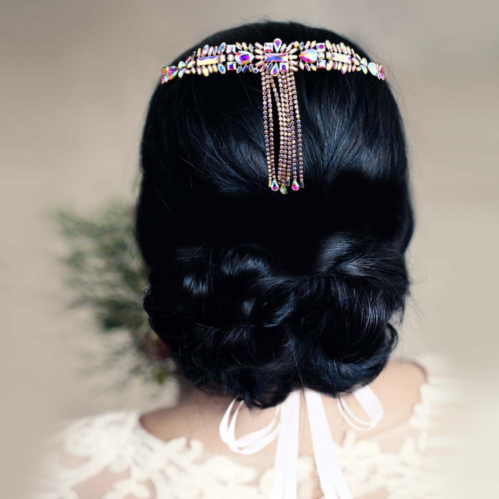 iLLASPARKZ Multi Stone Cluster Dropped Rhinestone Sash Ribbon Bridal Wedding Belt / Headband