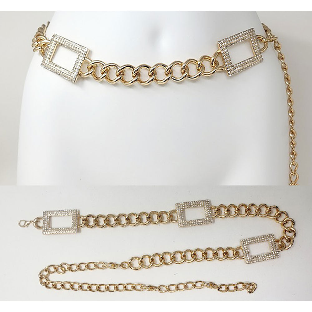 iLLASPARKZ Double Stone Paved Square Pointed Metal Chain Waist Belt