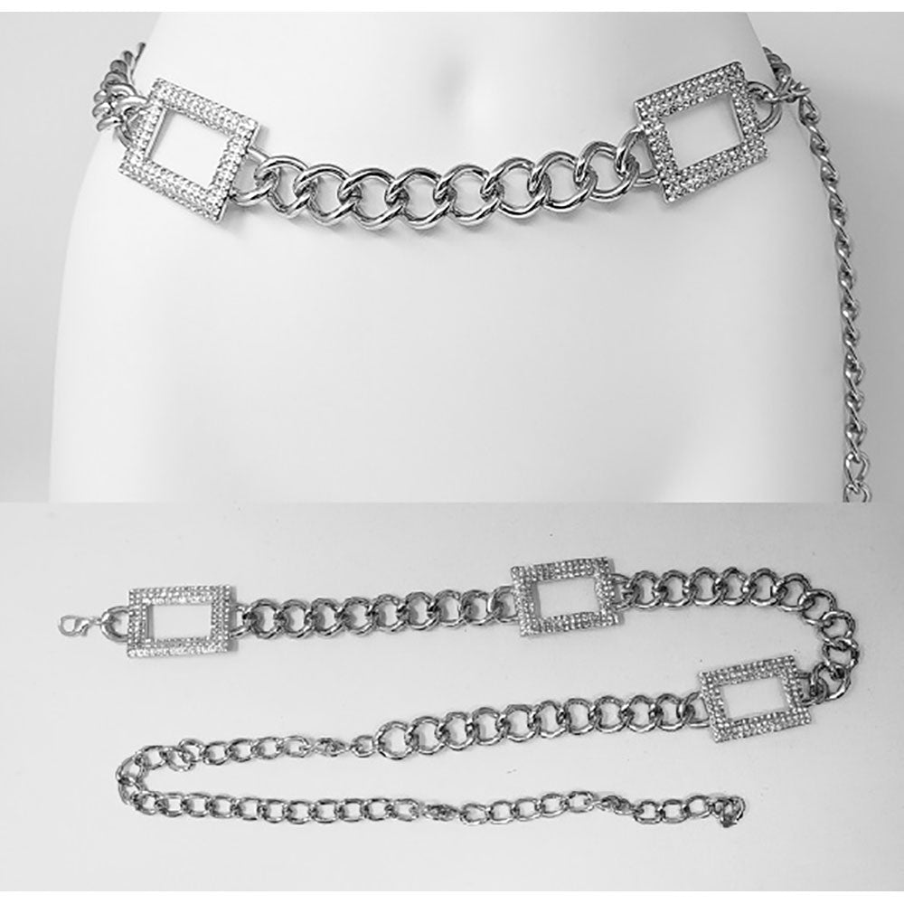 iLLASPARKZ Double Stone Paved Square Pointed Metal Chain Waist Belt