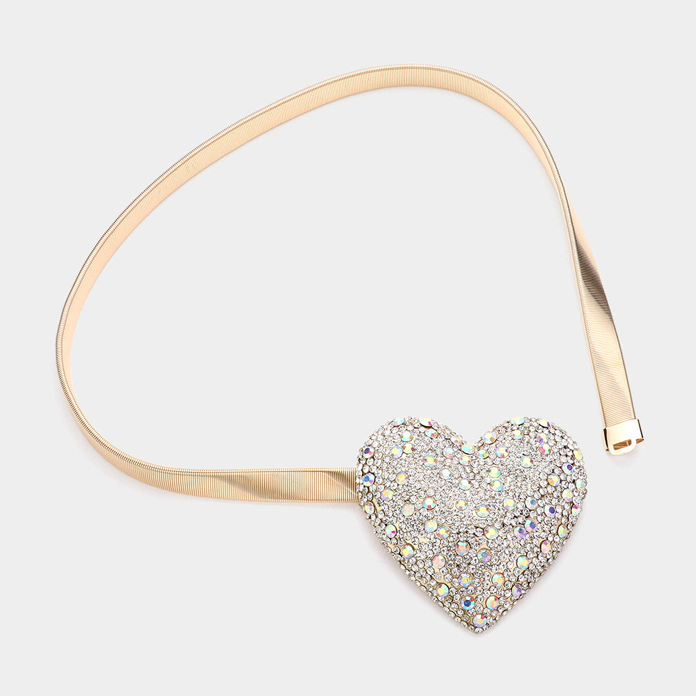 iLLASPARKZ Rhinestone Paved Heart Buckle Accented Stretch Metal Belt