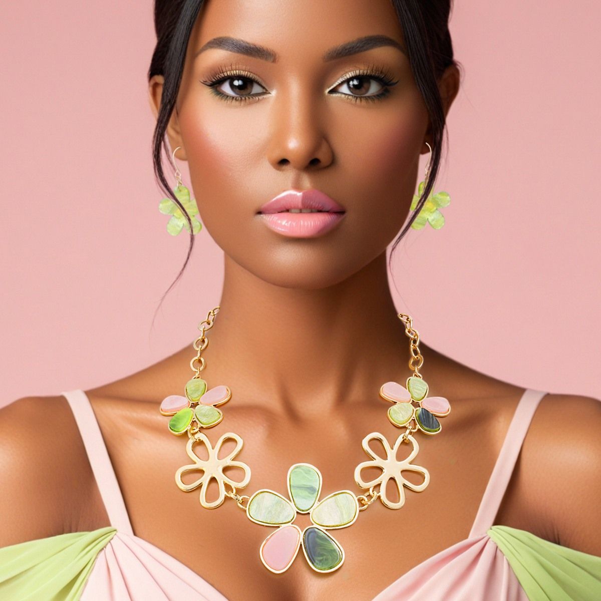 AKA Pink Green Inlay Flower Collar Necklace Set