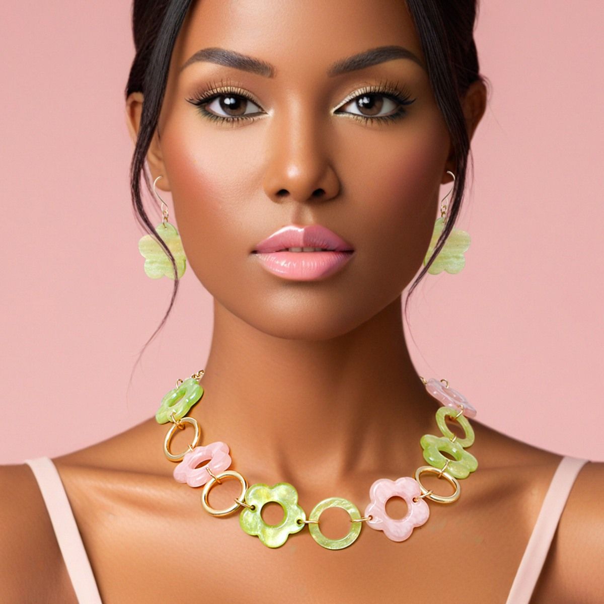 AKA Pink Green Marbled Flower Linked Necklace