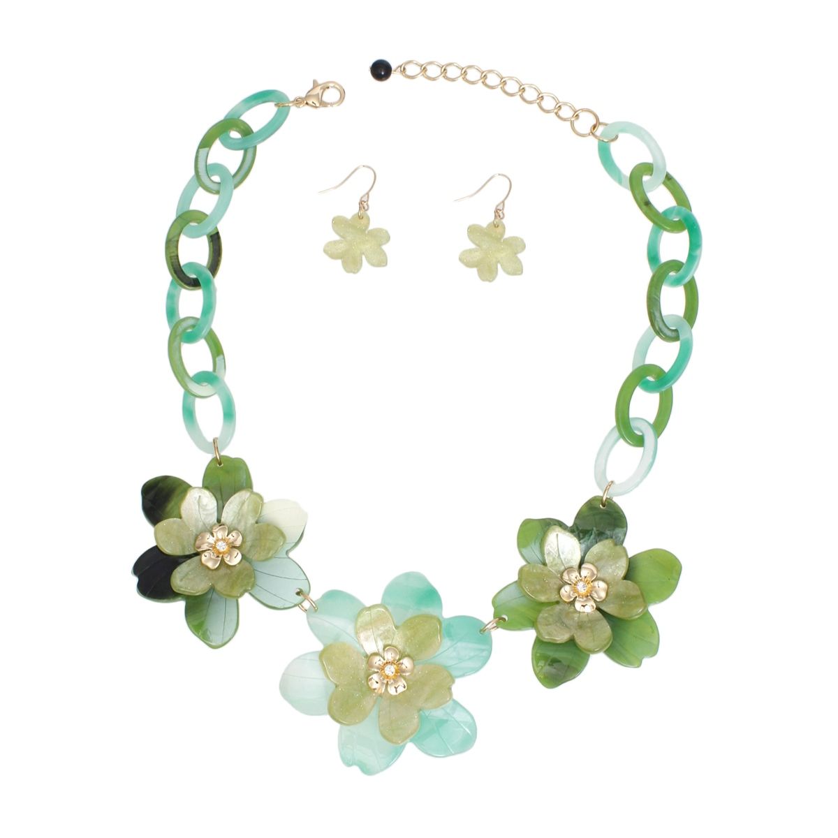 Collar Marbled Green Links 3D Flower Necklace