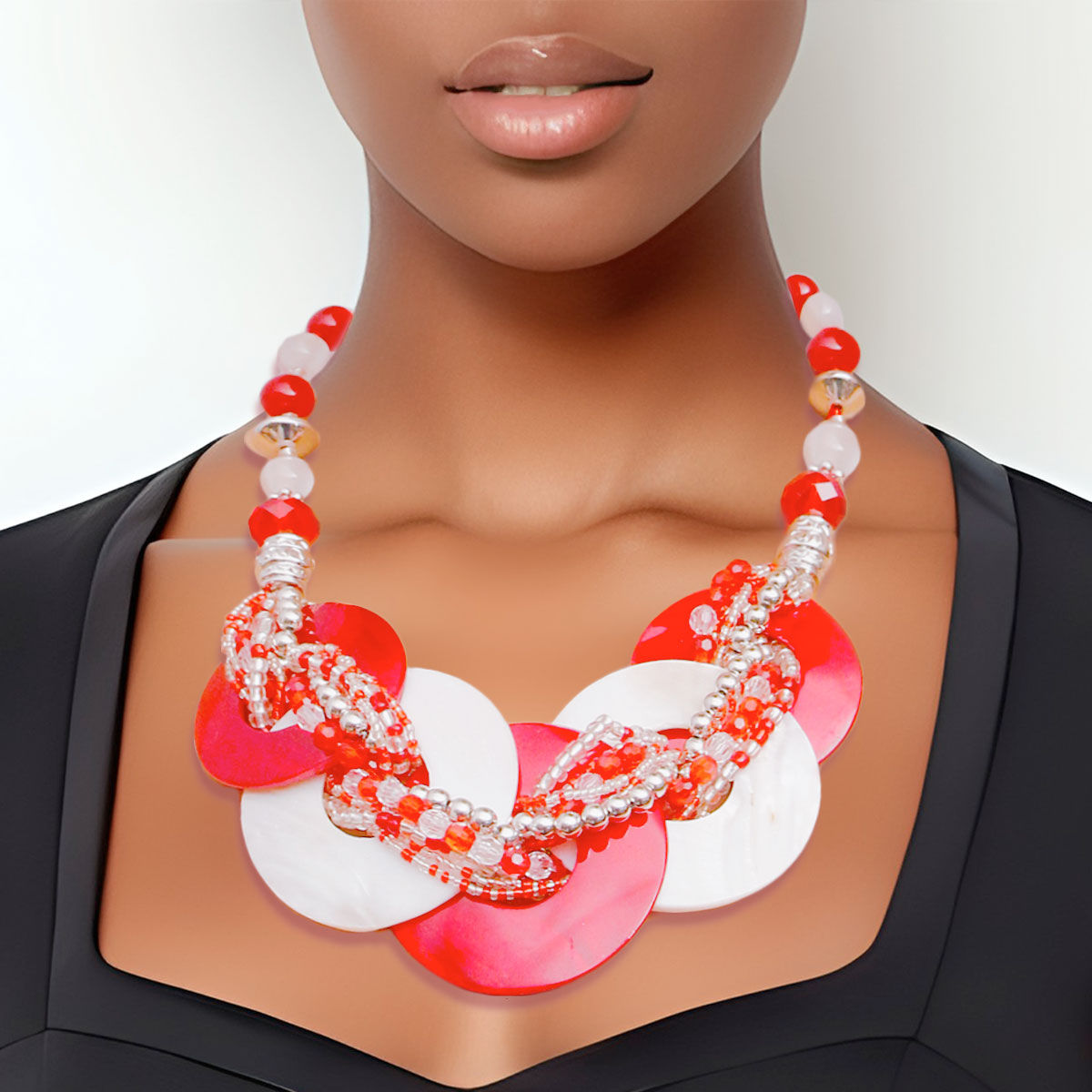 Red and White Beaded Disc Necklace Set