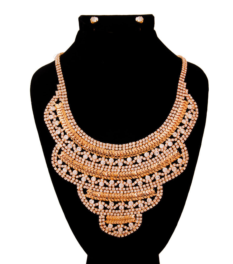 Gold and Rhinestone Layered Bib Necklace Set