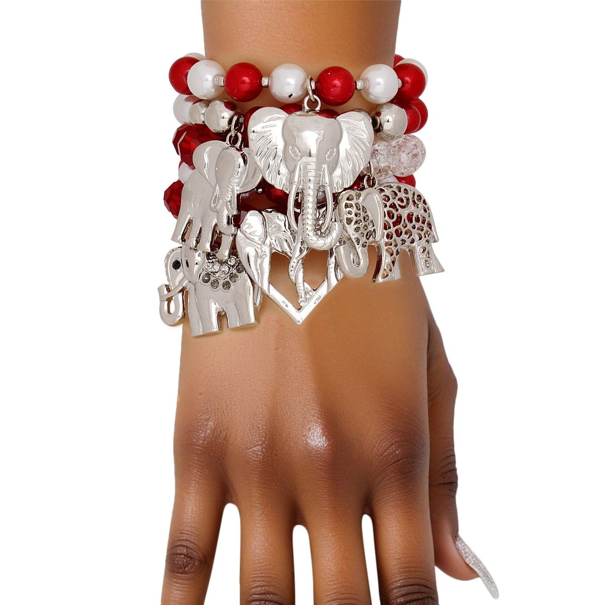 DST Red White Silver Elephant Charm Bracelet Set