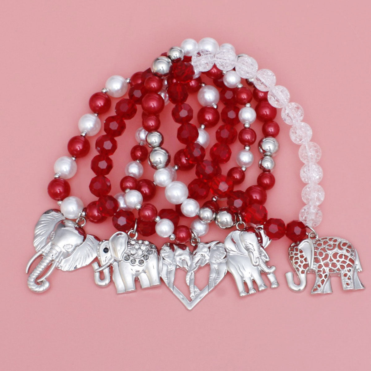 DST Red White Silver Elephant Charm Bracelet Set