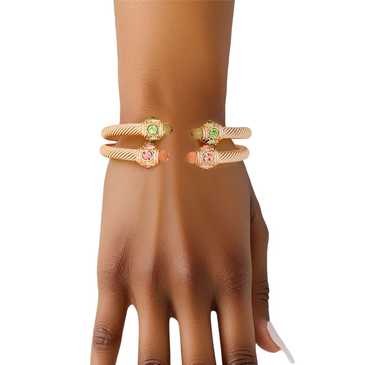 AKA Pink Green Gold Crystal Cable Bangle Bracelets