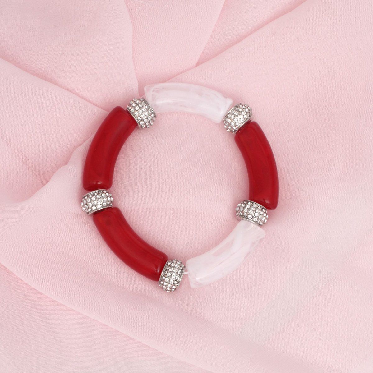 DST Red White Tubular and Rondelle Bead Bracelet