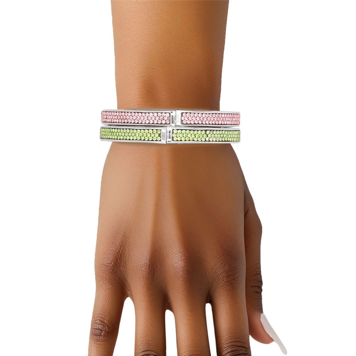 AKA Pink Green Pave Hinged Bangle Bracelet Set