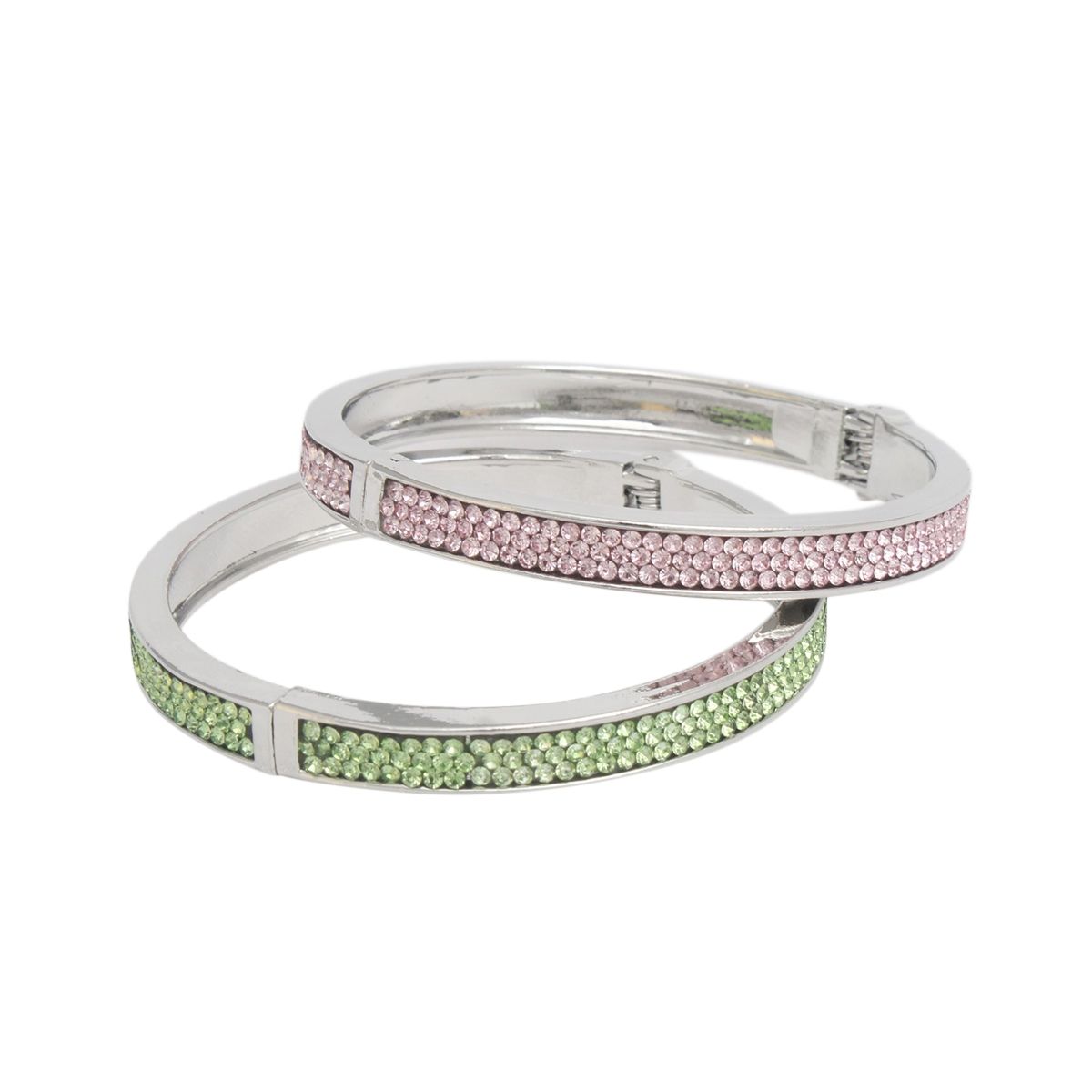 AKA Pink Green Pave Hinged Bangle Bracelet Set