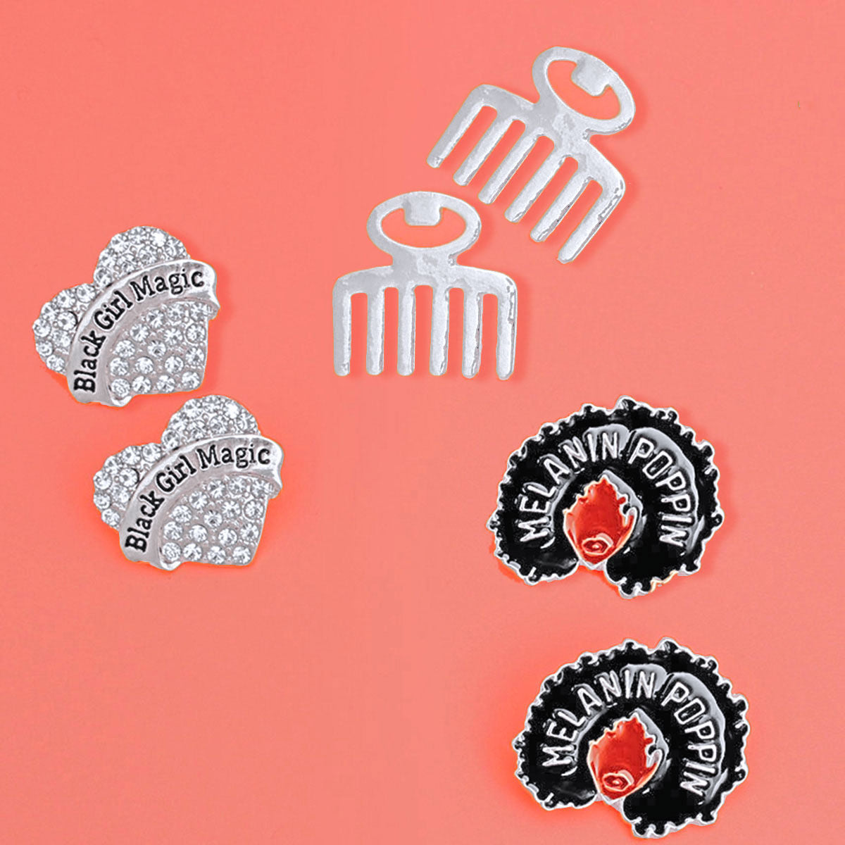 Silver 3 Pcs Black Girl Afro Studs