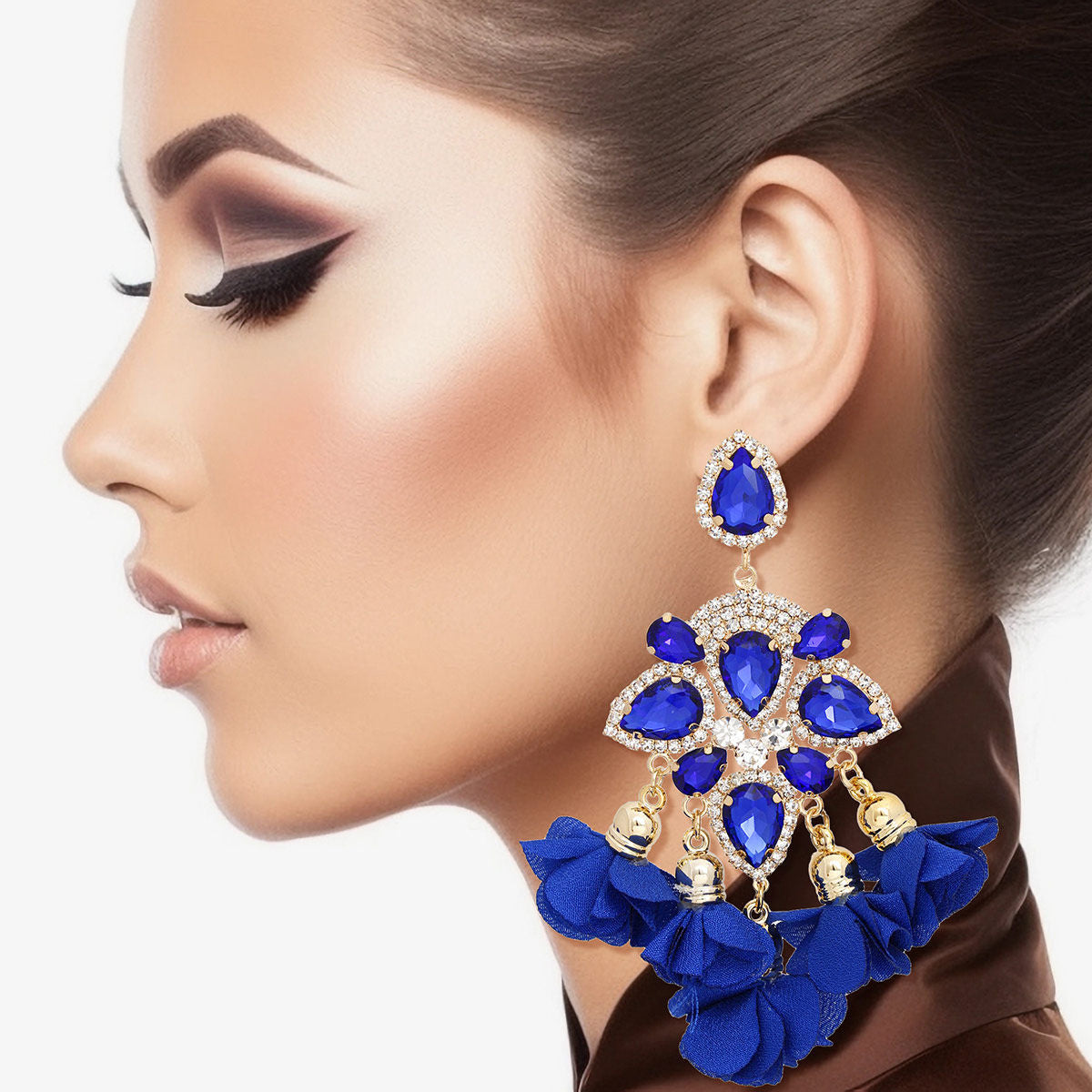 Dangle Royal Blue Crystal Petal Tassel Earrings