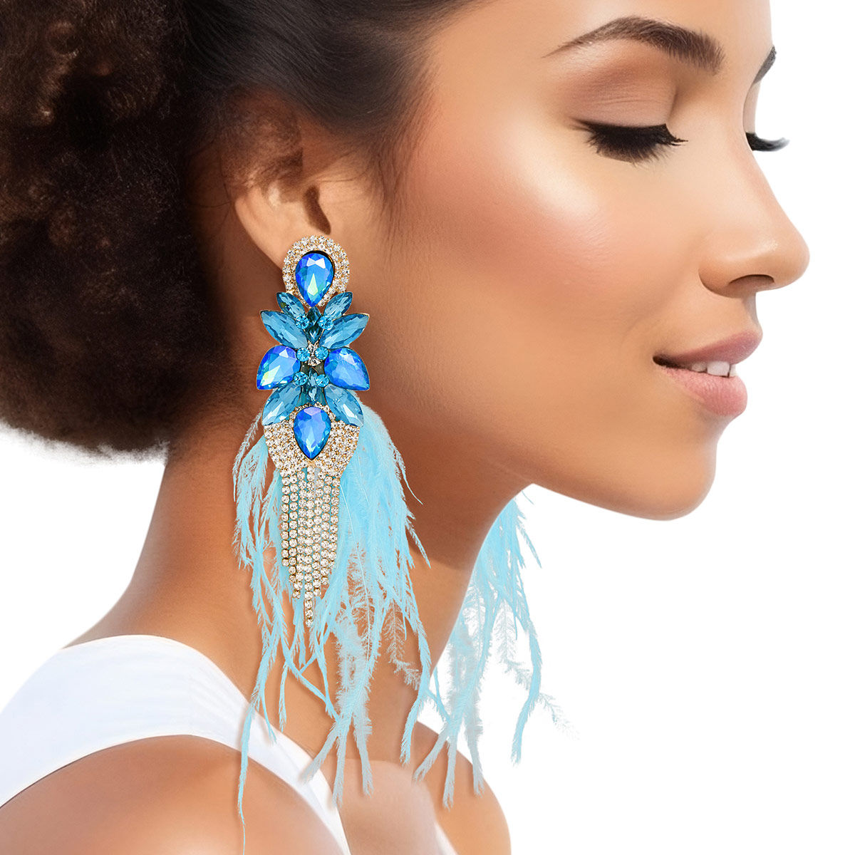 Tassel Blue Feather Glass Earrings for Women