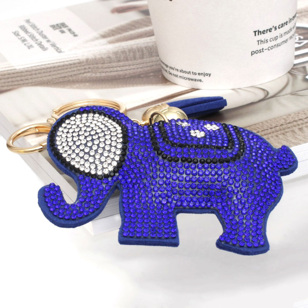 Keychain Glam Blue Rhinestone Elephant Charm Clip