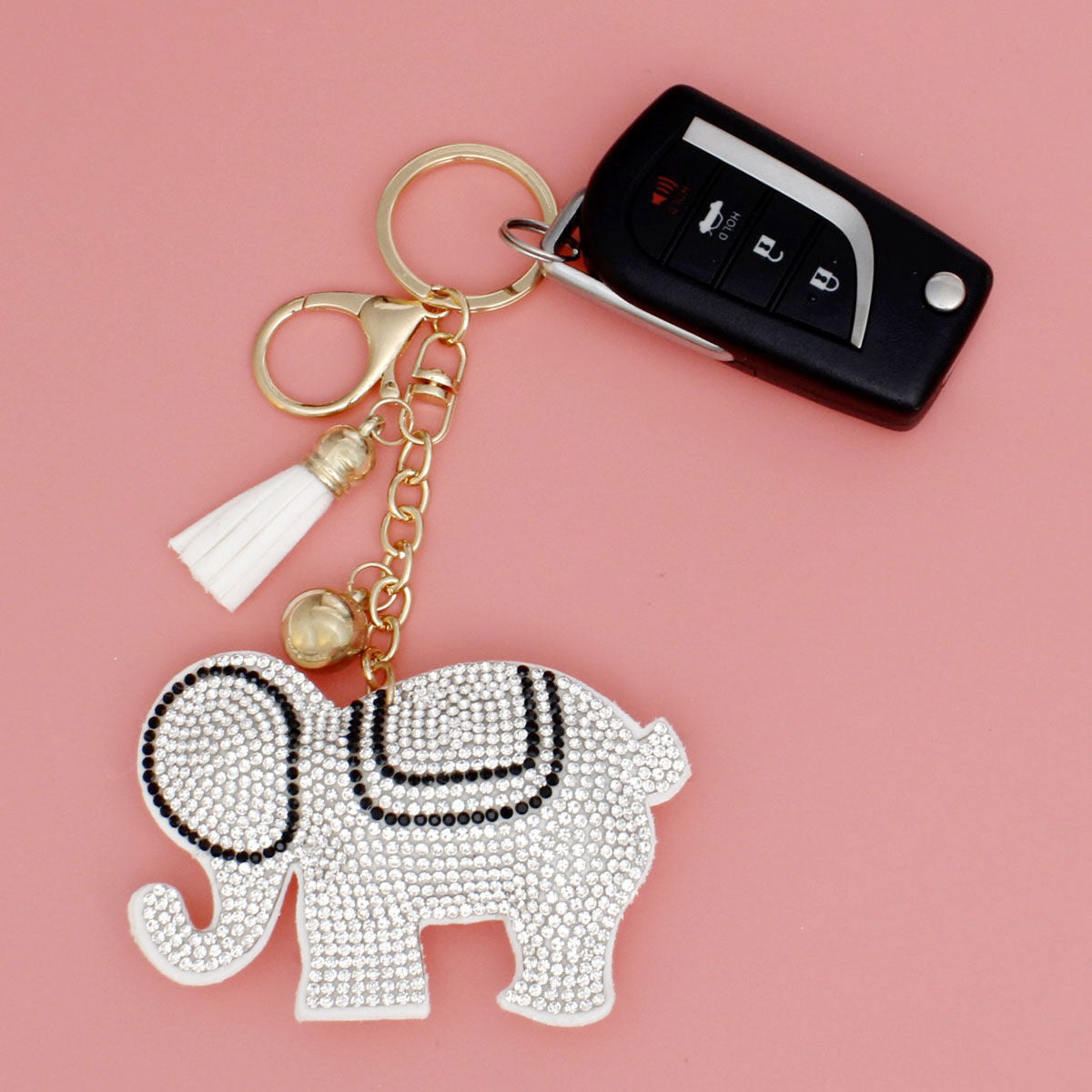 Keychain Glam White Rhinestone Elephant Charm