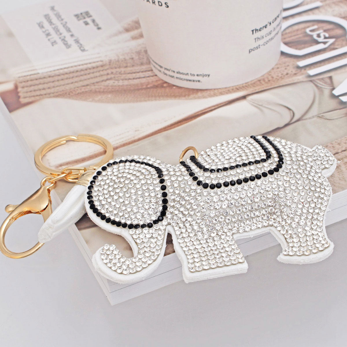 Keychain Glam White Rhinestone Elephant Charm